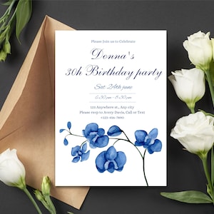 Convite de aniversário floral, convite de aniversário de flor azul, convite de aniversário editável para qualquer idade, convite adulto para impressão, convite minimalista