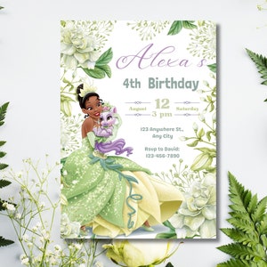 Prinses Tiana verjaardagsuitnodiging, meisje bewerkbare uitnodigingssjabloon, prinses en de kikker afdrukbare uitnodiging, koninklijk feest, instant download
