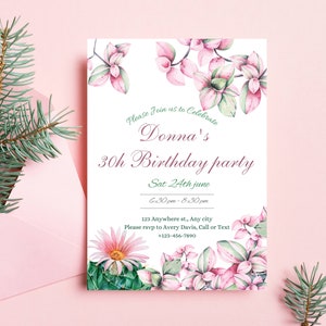 Convite de aniversário floral, convite de aniversário de flor rosa mulher, convite de aniversário editável de qualquer idade, modelo floral editável para impressão