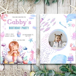Mermaid Birthday Invitation with photo, Princess Birthday Party Invites, Little Mermaid Birthday Invitation, Evite, online birthday invite