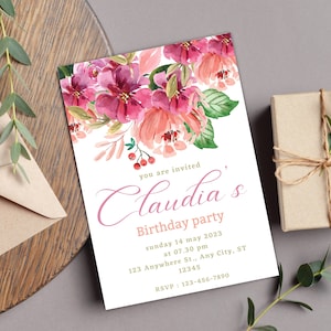 Convite de aniversário floral, convite de aniversário de flor rosa mulher, convite de aniversário editável, convite de aniversário de qualquer idade, impressão floral