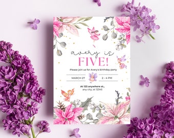 May include: A pink and white birthday invitation with a floral design and the text "avery is FIVE!"  Please join us for Avery's birthday party. MARCH 27. 2-4 PM. At 123 anywhere st., any city, st 12345.