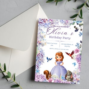 May include: A purple and white birthday party invitation with a cartoon princess in a purple dress. The invitation says "Join us to celebrate Olivia's Birthday Party" and includes the date, time, and location.