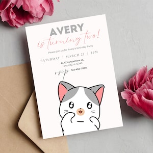 Kätzchen-Geburtstagseinladung, Kitty und Freunde-Geburtstagseinladung Kawaii süßer Kätzchen-Geburtstag, minimale Katze-Einladung, Kitty-Party, EDITIERBAR
