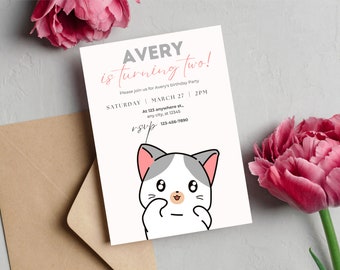 Kitten Birthday Invitation, Kitty And Friends Birthday Invitation Kawaii Cute Kitten Birthday, Cat Minimal Invitation, Kitty Party, EDITABLE