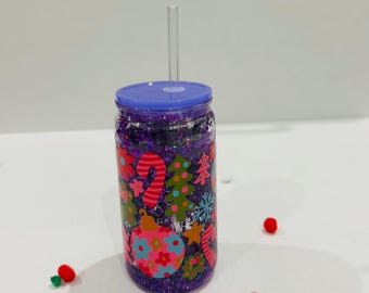 Snow Globe Tumbler | Snow Globe Plastic Can | Glittered Ice Coffee Glass Can Glitter Cup | Christmas Gifts | Iced Coffee Cup