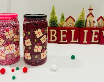 Snow Globe Tumbler, Snow Globe Plastic Can, Glittered Ice Coffee Glass Can Glitter Cup, Christmas Snow Globe Cup, Iced Coffee Cup,  Gifts