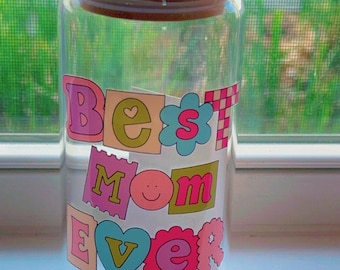 Iced Coffee Cup | Mom Glass Cup | Libbey Cup | Glass Cup | Glass Mug |Gifts for Mom | Mama Glass Cup with Lid & Straw | Bridesmaid Gift