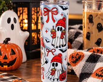 Ghost Halloween Tumbler | Fall Vibes Coffee | Fall Coffee Cup With Lid and Straw | Fall Season Gift Pumpkin Season | Hello Fall Tumbler |
