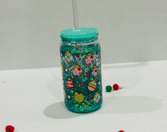 Snow Globe Tumbler, Snow Globe Plastic Can, Glittered Ice Coffee Glass Can Glitter Cup, Christmas Snow Globe Cup, Iced Coffee Cup,  Gifts