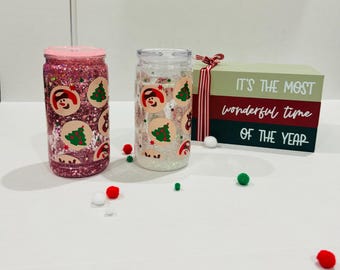 Snow Globe Tumbler, Snow Globe Plastic Can, Glittered Ice Coffee Glass Can Glitter Cup, Christmas Snow Globe Cup, Iced Coffee Cup,  Gifts