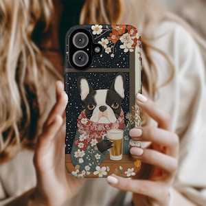 Uroczy francuski buldog przytulający się w zimową noc na iPhone'a 16-X 8 Galaxy S24-S10 wytrzymałe etui, styl rysunkowy pies mama tata prezent 22