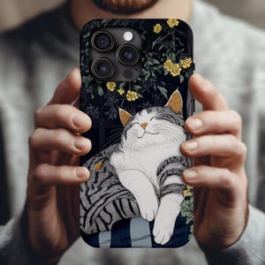 New Magnetic MagSafe Tough Case Cute Sleepy Cat for iPhones 16-13 Plus Pro ProMax Mini, Japanese Ukiyo-e Art Style Cat Mama Dad Cute Gift 2