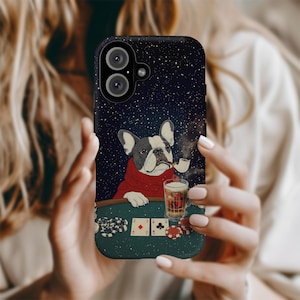 Cool French Bull Dog on Poker Night Cartoon Art for iPhone 16-X 8 Galaxy S24-S10, Wireless Charging Not BagSafe Dog Mama Dad Gift 2