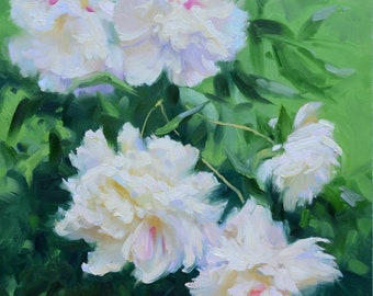 ORIGINAL OIL PAINTING flowers drawing, oil painting, still life with flowers, peonies painting, wall art, wall decor, white peonies, flowers