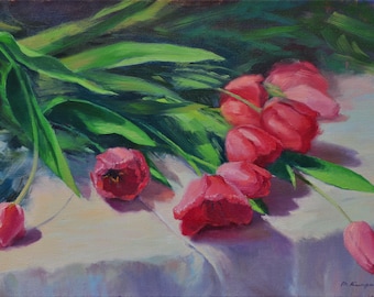 PINTURA AL ÓLEO ORIGINAL pintura de flores, impresionismo, pintura de tulipanes, cuadro, decoración de pared, decoración de pared, pintura en lienzo, regalo de pintura