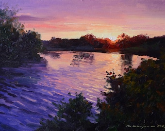 ORIGINAL OIL PAINTING Realistic painting Oil painting River landscape River and sky Sunset Impressionist Modern art Nature Wall art Art