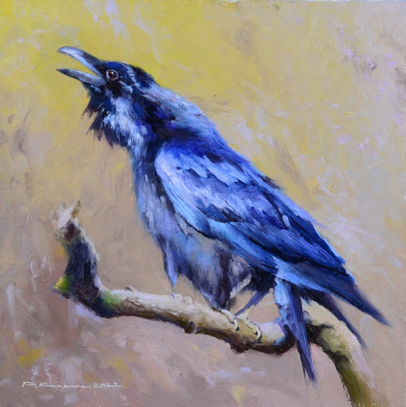カラス 鳥 油絵 オリジナルのカラスの油絵 キャンバスに描かれた手作りの鳥