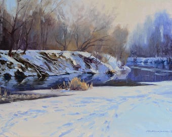 Winter landscape in oil, winter picture, original art, fine arts, river landscape, winter nature, painting