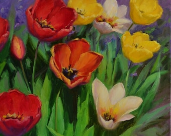 PINTURA AL ÓLEO ORIGINAL, pintura de flores, impresionismo, pintura de tulipanes, cuadro, decoración de pared, decoración de pared, pintura en lienzo, regalo de pintura