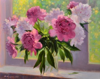 PINTURA AL ÓLEO ORIGINAL, pintura sobre lienzo, pintura al óleo, bodegón con flores, pintura de peonías, pintura mural, pintura para el hogar, peonías rosas
