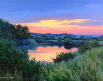 夕焼けの絵画、川と山の絵画、夕方の夕日、水と太陽、オリジナルの風景