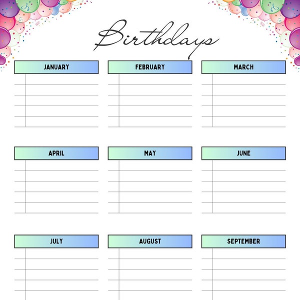 Birthday printable PDF calendar | A4 Editable birthday list | Student birthday tracker | Office birthday reminder | |Anniversary reminder