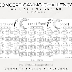 Concert saving challenge, Concert savings fund, Save money challenge, Money goal tracker, A6 savings printable, 500 dollar saving challenge