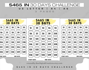 Envelope challenge, Paycheck budget, Money saving printable, Monthly savings, Save 465, 30 day challenge, A6 30 envelope savings challenge
