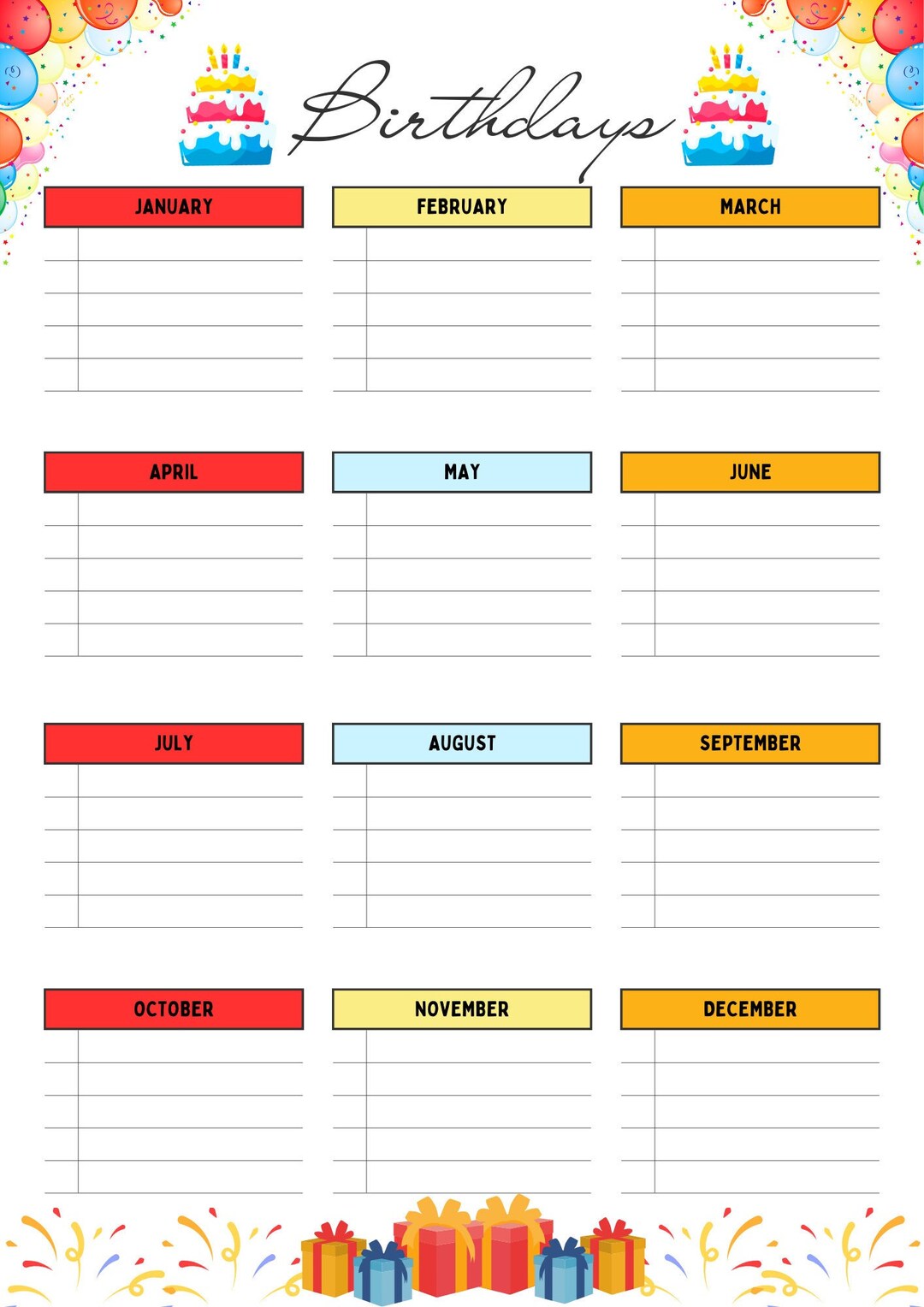 Birthday Printable PDF Calendar A4 Editable Birthday List Student ...