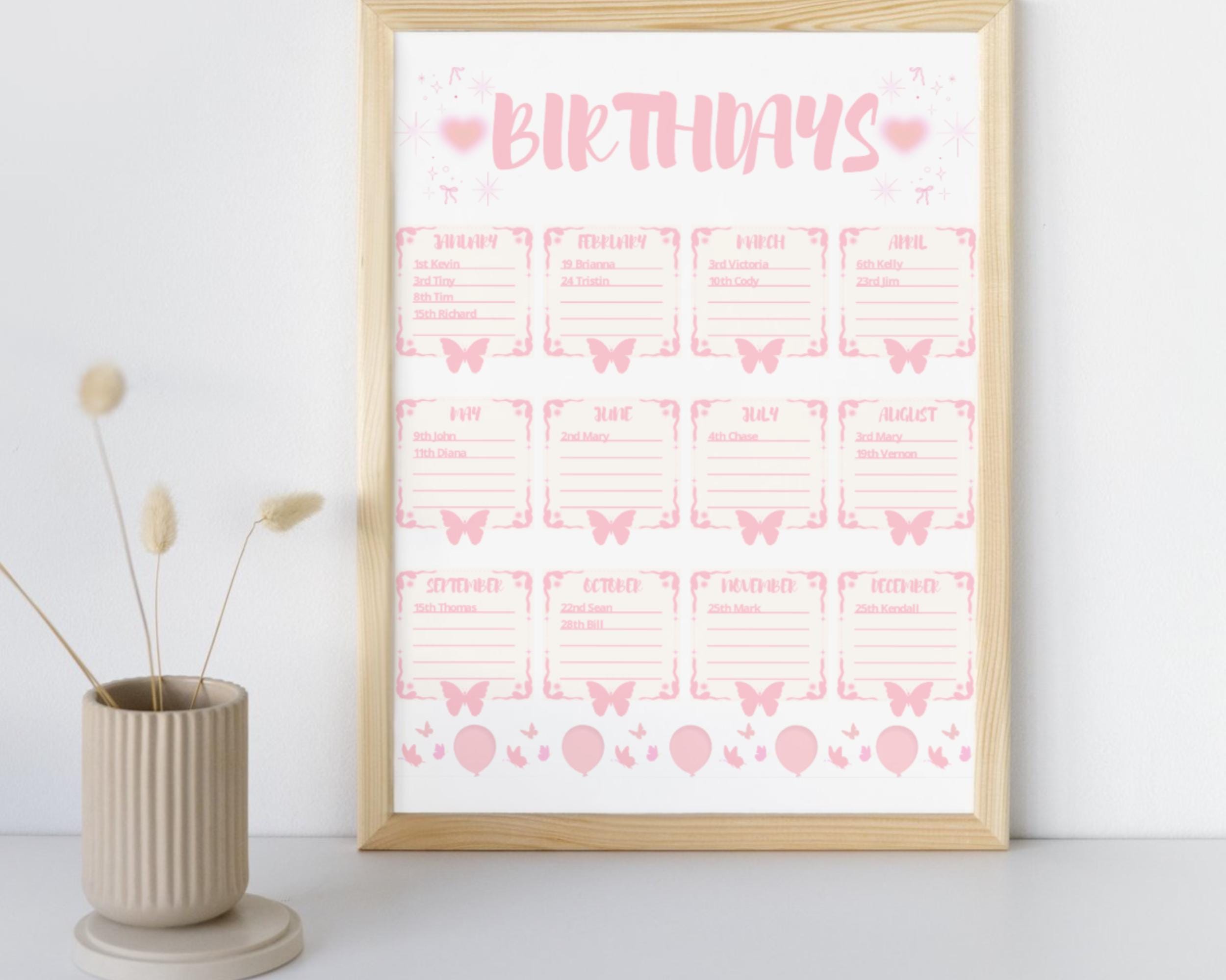 Birthday Printable PDF Calendar, A4 Editable Birthday List, Student ...