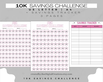 Desafío de ahorro de 10K, Ahorra 10K, Plan de ahorro A4, Rastreador de ahorro de dinero, Desafío de 100 días, Meta de ahorro de 10K, Ahorro digital imprimible