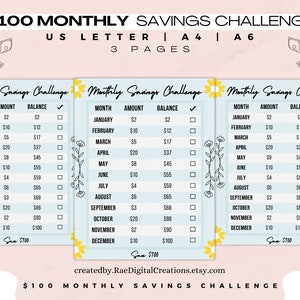 100 Monthly Savings Challenge, Save Money, Savings Challenge Bundle, Low Income Savings Challenge, Mini Savings Printable, A6 Savings Plan