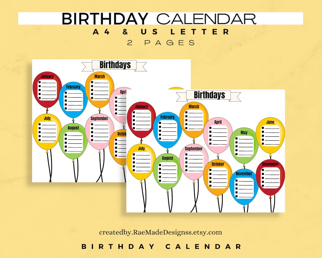 Birthday Printable Calendar | A4 Editable Birthday List | Student ...