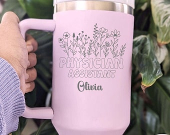Personalized Physician Assistant Tumbler: Floral Engraved Stainless Steel Travel Mug