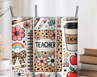 Teacher Drinkware Tumbler, Floral & School Theme (20oz Stainless Steel)