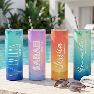 Personalized Vacation Tumbler: Tropical Beach Cup Custom Travel Name Girls Trip Drinkware