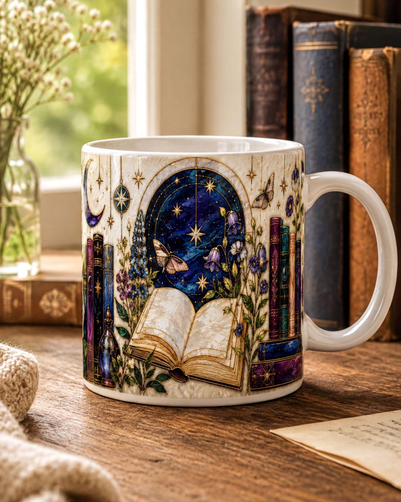 A white mug with a detailed illustration of a book, flowers, and a starry night sky on a wooden surface, with a vase of white flowers in the background.