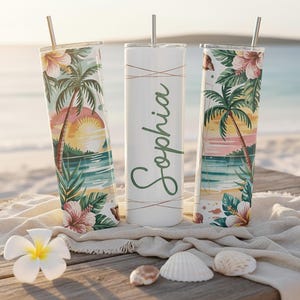 Personalized Beach Sunset Tumbler: Tropical Palm Stainless Steel Cup