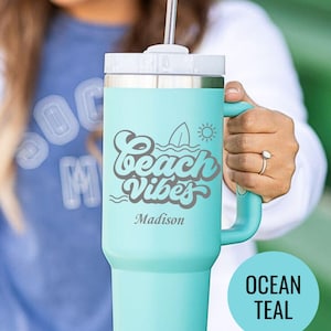 Beach Vibes Tumbler Personalized Name Engraved Summer Cup Custom Stainless Travel Mug Tropical Vacation Gift Ocean Lover Drinkware