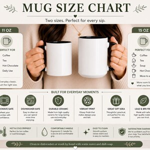 The image is a visual representation of a mug size chart, featuring a person holding two different sizes of mugs. The chart provides information about the mug sizes and their corresponding features, such as perfect for every sip, built for everyday moments, and more room for what you love.