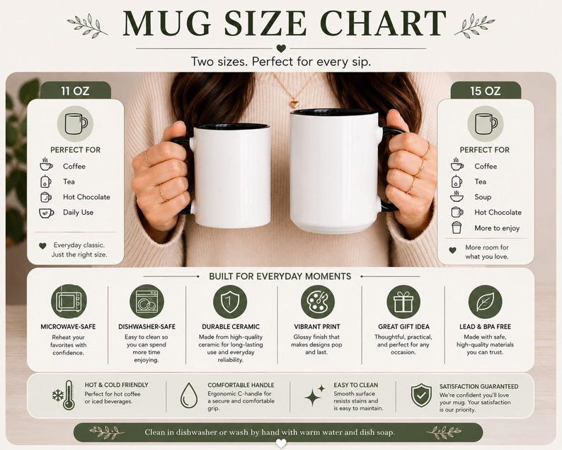 The image is a visual representation of a mug size chart, featuring a person holding two different sizes of mugs. The chart provides information about the mug sizes and their corresponding features, such as perfect for every sip, built for everyday moments, and more room for what you love.