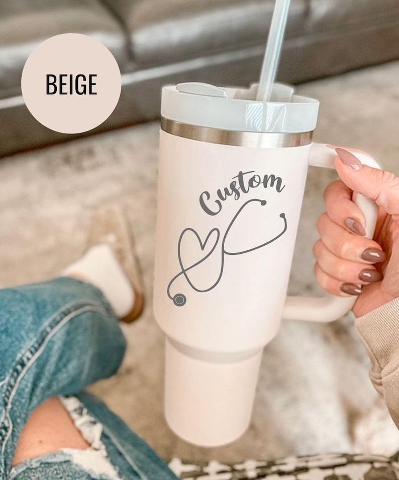 Custom 40oz Engraved Nurse Stanley Tumbler with Floral Stethoscope + Name, Gift For Nurse, Cup for RN, Medical School Gift, Nurse Week Gift