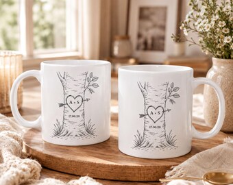 Custom Carved Tree Heart Mug – Personalized Initials & Date – Ceramic Coffee Cup