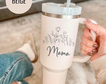 Engraved Mama Tumbler: Floral Design - Stainless Steel with Straw