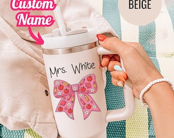 Custom Teacher Tumbler: Pink School Icons, Personalized Stainless Steel Travel Mug