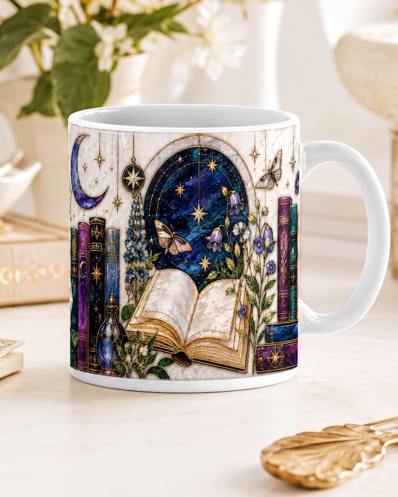 A white ceramic mug with a detailed illustration of a night sky, books, flowers, and butterflies.