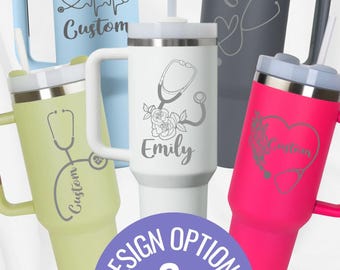 Custom Engraved Nurse Tumbler, Floral Stethoscope Design, Personalized RN Gift