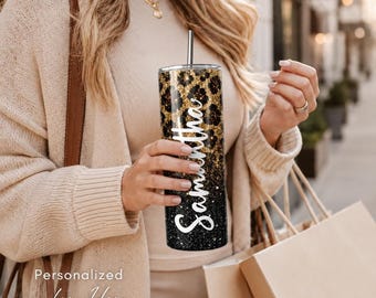 Glitter Leopard Tumbler Personalized Bridesmaid Gift Slim 20oz Stainless Steel Travel Cup Custom Name Party Favor