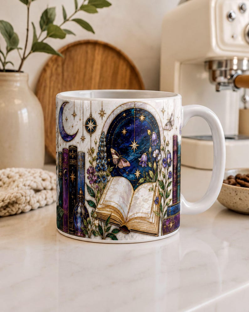 A white ceramic mug with a colorful, illustrated design depicting a night sky, stars, a crescent moon, a book, and various plants and flowers.